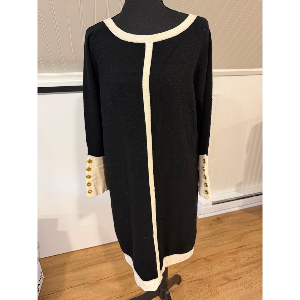 Neiman Marcus Cashmere Sweater Mini Dress Womens Medium Black Gold Button Shift